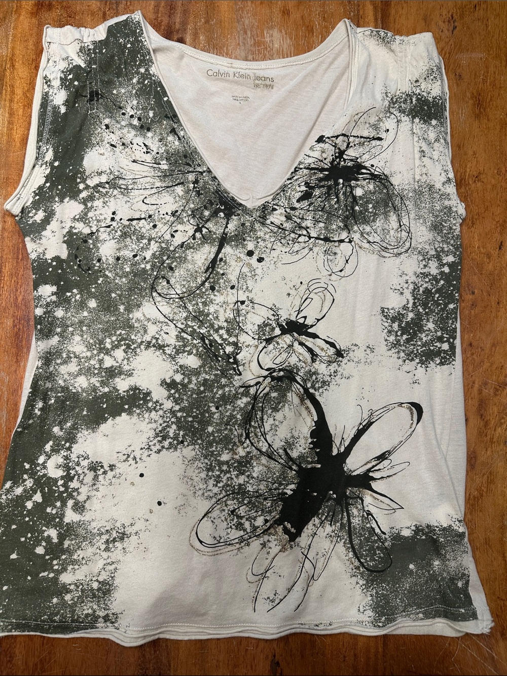 Calvin Klein Jeans Tan Tank with Black Abstract Floral Print